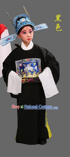 Traditional Chinese Beijing Opera Lang Scholar Black Clothing and Headwear Boots Complete Set, China Peking Opera Sesame official Costume Embroidered Robe Opera Costumes for Kids