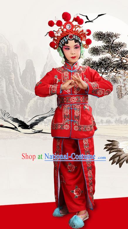 Traditional Chinese Beijing Opera Magic Warriors Red Clothing and Shoes Complete Set, China Peking Opera Women Pawn Dress Costume Embroidered Opera Costumes for Kids