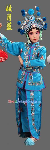 Traditional Chinese Beijing Opera Magic Warriors Blue Clothing and Shoes Complete Set, China Peking Opera Women Pawn Dress Costume Embroidered Opera Costumes for Kids