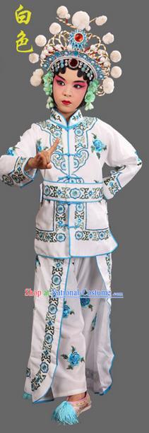 Traditional Chinese Beijing Opera Magic Warriors White Clothing and Shoes Complete Set, China Peking Opera Women Pawn Dress Costume Embroidered Opera Costumes for Kids