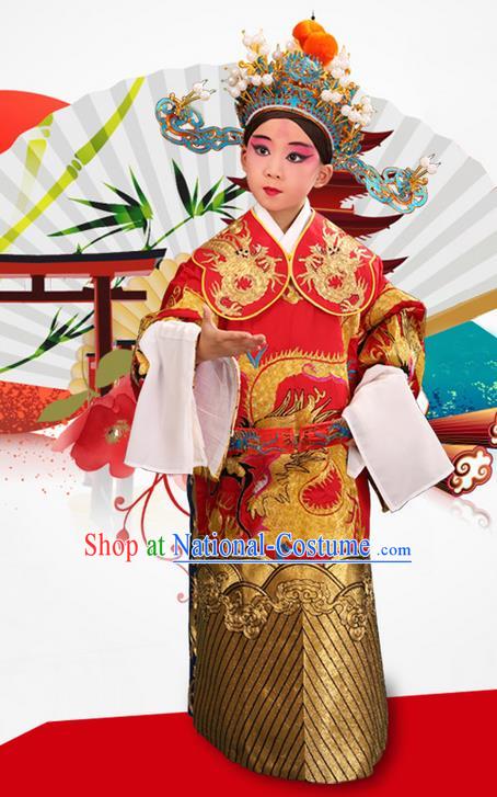 Traditional Chinese Beijing Opera Male Red Clothing and Headwear Boots Complete Set, China Peking Opera Emperor Costume Embroidered Dragon Robe Opera Costumes for Kids