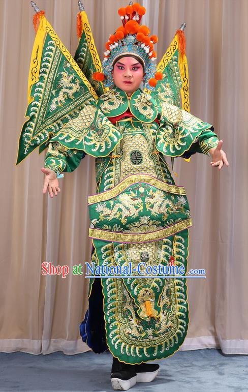 Traditional Chinese Beijing Opera Takefu Green Armour Green Clothing and Boots Complete Set, China Peking Opera Martial General Role Costume Embroidered Opera Costumes