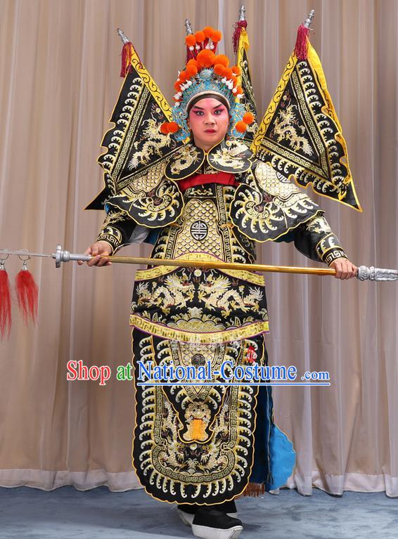 Traditional Chinese Beijing Opera Takefu Green Armour Black Clothing and Boots Complete Set, China Peking Opera Martial General Role Costume Embroidered Opera Costumes