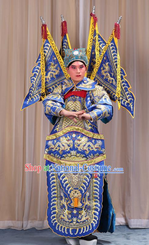 Traditional Chinese Beijing Opera Takefu Green Armour Blue Clothing and Boots Complete Set, China Peking Opera Martial General Role Costume Embroidered Opera Costumes