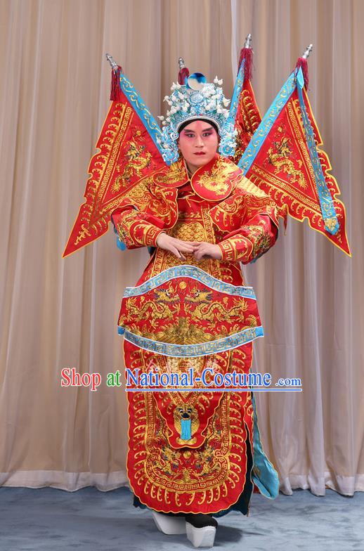 Traditional Chinese Beijing Opera Military Officer Red Armour Blue Clothing and Boots Complete Set, China Peking Opera Martial General Role Costume Embroidered Opera Costumes