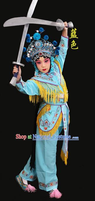 Traditional Chinese Beijing Opera Magic Warriors Blue Clothing and Headwear Shoes Complete Set, China Peking Opera Women Pawn Dress Costume Embroidered Opera Costumes for Kids