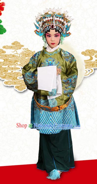 Traditional Chinese Beijing Opera Old Woman Blue Clothing and Phoenix Headwear Shoes Complete Set, China Peking Opera Pantaloon Costume Embroidered Opera Costumes for Kids