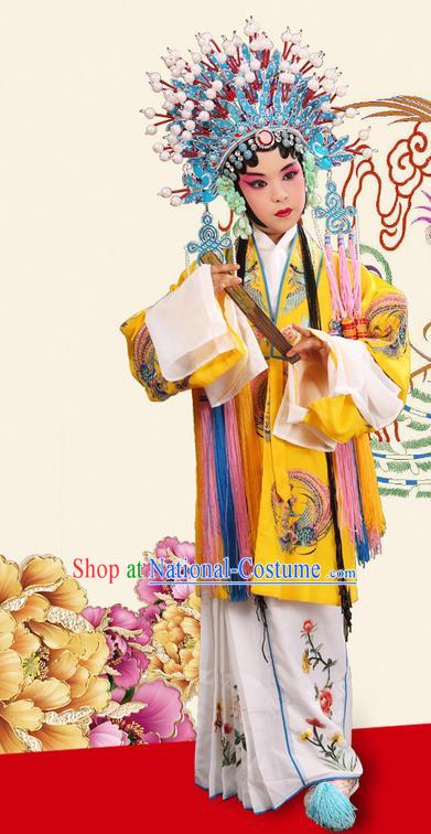 Traditional Chinese Beijing Opera Imperial Empress Clothing and Phoenix Headwear Shoes Complete Set, China Peking Opera Imperial Consort Costume Embroidered Opera Costumes for Kids