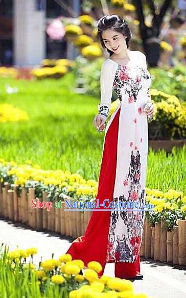 Traditional Top Grade Asian Vietnamese Ha Festival Long Ao Dai Dress, Vietnam National Jing Nationality Landscape Painting Cheongsam Costumes for Women