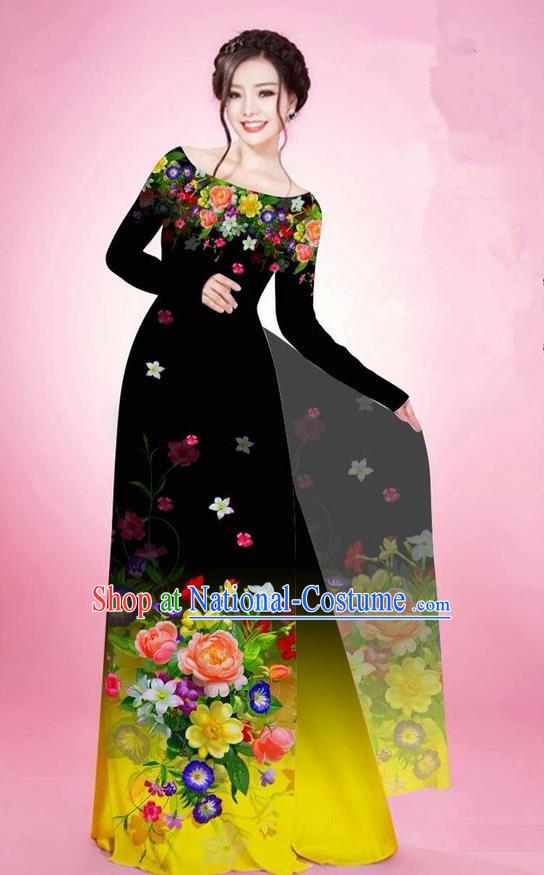 Traditional Top Grade Asian Vietnamese Ha Festival Printing Flowers Black Ao Dai Dress, Vietnam National Jing Nationality Off Shoulder Cheongsam Costumes for Women