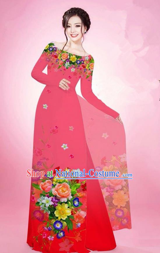 Traditional Top Grade Asian Vietnamese Ha Festival Printing Flowers Watermelon Red Ao Dai Dress, Vietnam National Jing Nationality Off Shoulder Cheongsam Costumes for Women