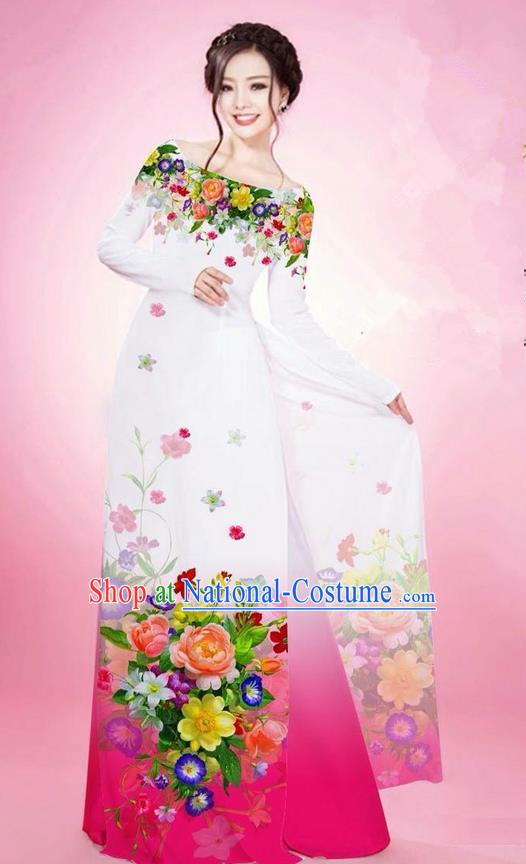 Traditional Top Grade Asian Vietnamese Ha Festival Printing Flowers White Ao Dai Dress, Vietnam National Jing Nationality Off Shoulder Cheongsam Costumes for Women