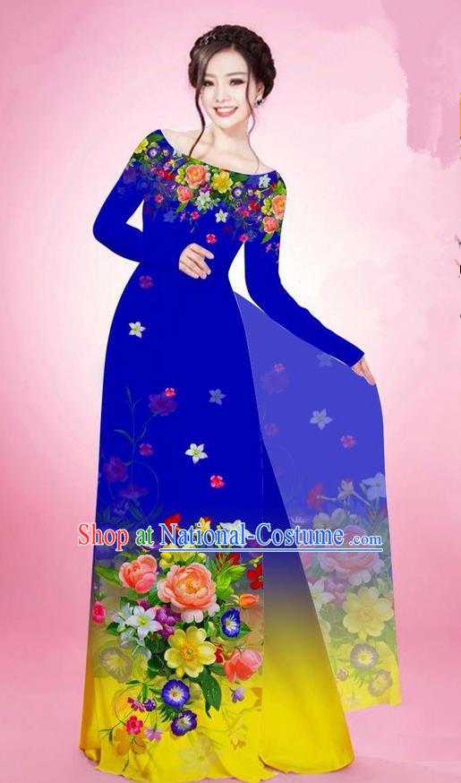 Traditional Top Grade Asian Vietnamese Ha Festival Printing Flowers Royalblue Ao Dai Dress, Vietnam National Jing Nationality Off Shoulder Cheongsam Costumes for Women