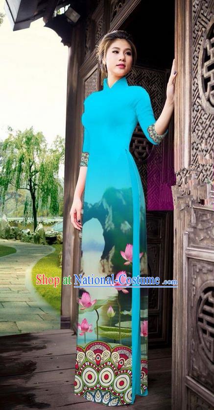 Traditional Top Grade Asian Vietnamese Ha Festival Printing China Guilin Scenery Blue Ao Dai Dress, Vietnam National Jing Nationality Cheongsam Costumes for Women