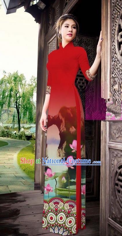 Traditional Top Grade Asian Vietnamese Ha Festival Printing China Guilin Scenery Red Ao Dai Dress, Vietnam National Jing Nationality Cheongsam Costumes for Women