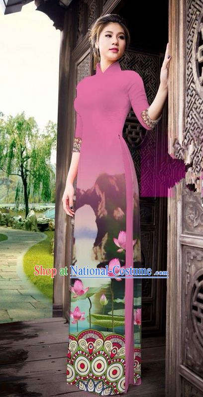 Traditional Top Grade Asian Vietnamese Ha Festival Printing China Guilin Scenery Pink Ao Dai Dress, Vietnam National Jing Nationality Cheongsam Costumes for Women