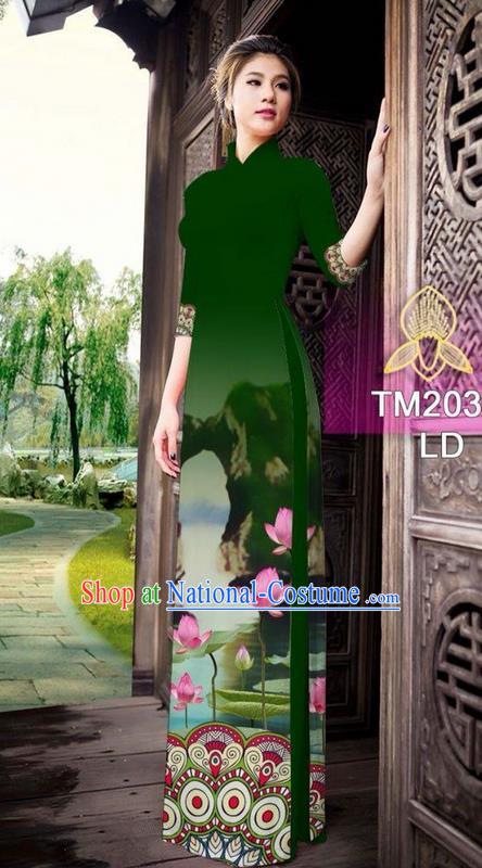 Traditional Top Grade Asian Vietnamese Ha Festival Printing China Guilin Scenery Green Ao Dai Dress, Vietnam National Jing Nationality Cheongsam Costumes for Women