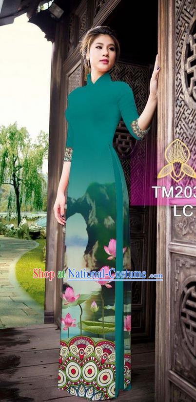 Traditional Top Grade Asian Vietnamese Ha Festival Printing China Guilin Scenery Peacock Green Ao Dai Dress, Vietnam National Jing Nationality Cheongsam Costumes for Women