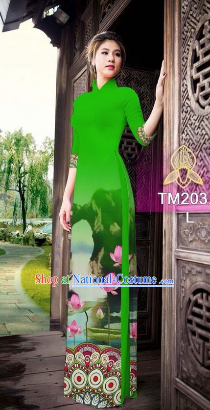 Traditional Top Grade Asian Vietnamese Ha Festival Printing China Guilin Scenery Light Green Ao Dai Dress, Vietnam National Jing Nationality Cheongsam Costumes for Women