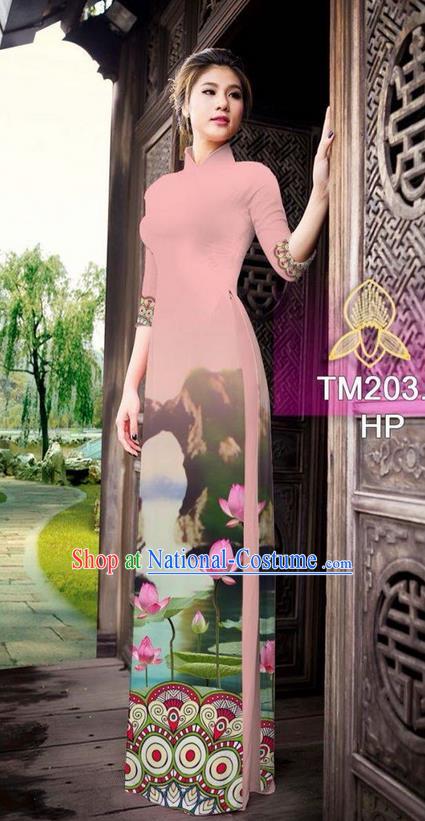 Traditional Top Grade Asian Vietnamese Ha Festival Printing China Guilin Scenery Light Pink Ao Dai Dress, Vietnam National Jing Nationality Cheongsam Costumes for Women