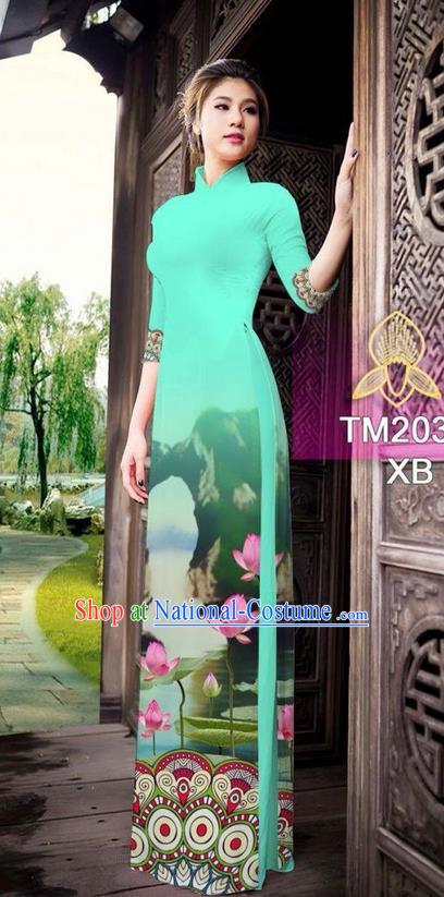 Traditional Top Grade Asian Vietnamese Ha Festival Printing China Guilin Scenery Light Blue Ao Dai Dress, Vietnam National Jing Nationality Cheongsam Costumes for Women