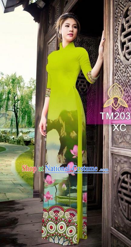 Traditional Top Grade Asian Vietnamese Ha Festival Printing China Guilin Scenery Olive Green Ao Dai Dress, Vietnam National Jing Nationality Cheongsam Costumes for Women