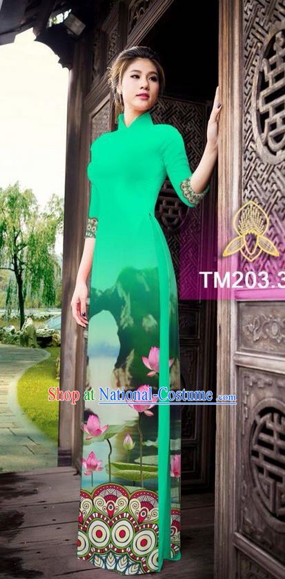 Traditional Top Grade Asian Vietnamese Ha Festival Printing China Guilin Scenery Viridis Ao Dai Dress, Vietnam National Jing Nationality Cheongsam Costumes for Women