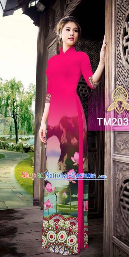 Traditional Top Grade Asian Vietnamese Ha Festival Printing China Guilin Scenery Watermelon Red Ao Dai Dress, Vietnam National Jing Nationality Cheongsam Costumes for Women