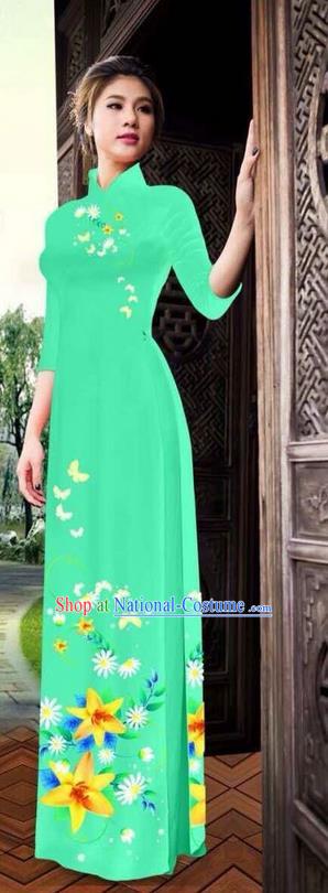 Traditional Top Grade Asian Vietnamese Ha Festival Printing Ao Dai Dress, Vietnam National Jing Nationality Long Green Cheongsam Costumes for Women