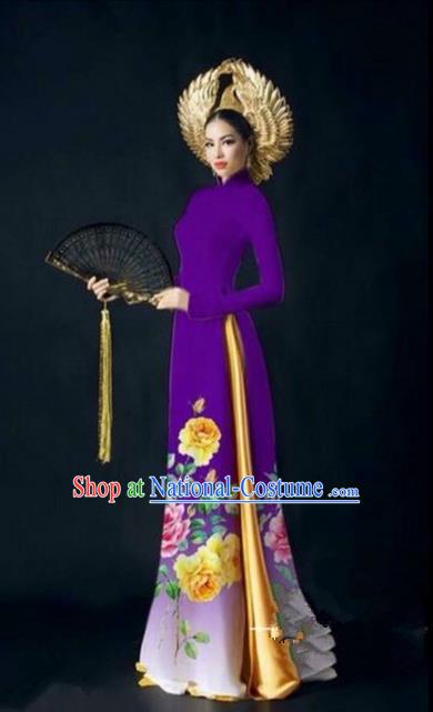 Traditional Top Grade Asian Vietnamese Ha Festival Printing Bride Ao Dai Dress, Vietnam National Jing Nationality Cheongsam Costumes for Women