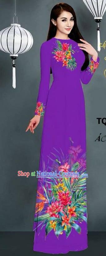 Traditional Top Grade Asian Vietnamese Ha Festival Printing Model Ao Dai Dress, Vietnam National Jing Nationality Purple Cheongsam Costumes for Women