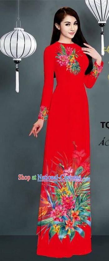 Traditional Top Grade Asian Vietnamese Ha Festival Printing Model Ao Dai Dress, Vietnam National Jing Nationality Red Cheongsam Costumes for Women