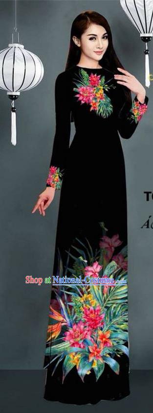 Traditional Top Grade Asian Vietnamese Ha Festival Printing Model Ao Dai Dress, Vietnam National Jing Nationality Black Cheongsam Costumes for Women