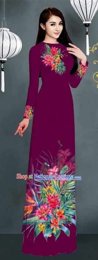 Traditional Top Grade Asian Vietnamese Ha Festival Printing Model Ao Dai Dress, Vietnam National Jing Nationality Amaranth Cheongsam Costumes for Women