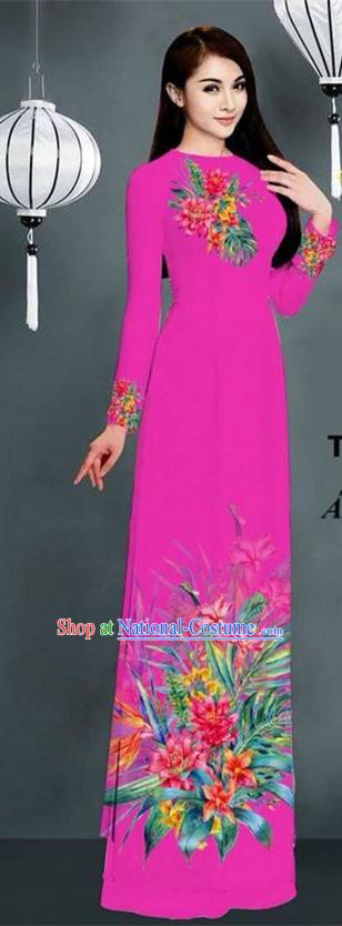 Traditional Top Grade Asian Vietnamese Ha Festival Printing Model Ao Dai Dress, Vietnam National Jing Nationality Plum Color Cheongsam Costumes for Women