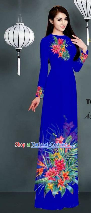 Traditional Top Grade Asian Vietnamese Ha Festival Printing Model Ao Dai Dress, Vietnam National Jing Nationality Royalblue Cheongsam Costumes for Women