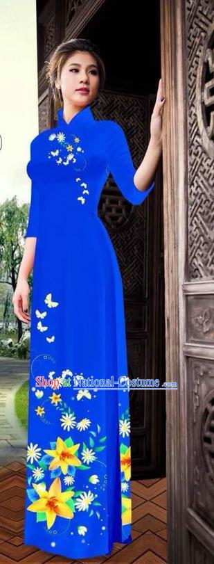 Traditional Top Grade Asian Vietnamese Ha Festival Printing Ao Dai Dress, Vietnam National Jing Nationality Long Royalblue Cheongsam Costumes for Women