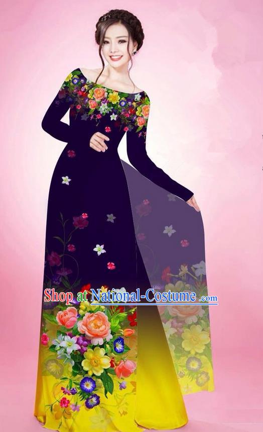 Traditional Top Grade Asian Vietnamese Ha Festival Printing Flowers Deep Purple Ao Dai Dress, Vietnam National Jing Nationality Off Shoulder Cheongsam Costumes for Women