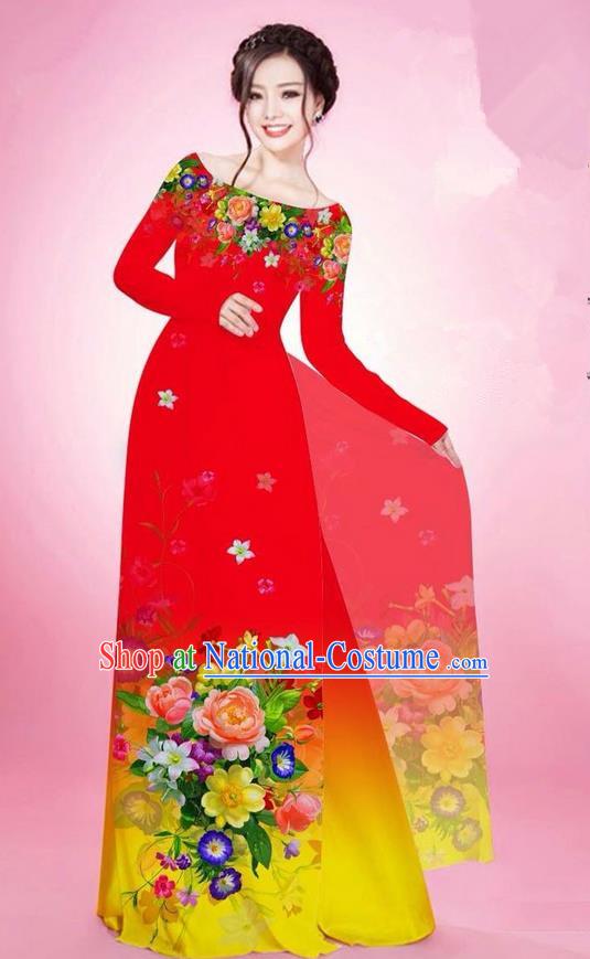 Traditional Top Grade Asian Vietnamese Ha Festival Printing Flowers Red Ao Dai Dress, Vietnam National Jing Nationality Off Shoulder Cheongsam Costumes for Women