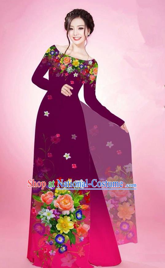 Traditional Top Grade Asian Vietnamese Ha Festival Printing Flowers Purple Ao Dai Dress, Vietnam National Jing Nationality Off Shoulder Cheongsam Costumes for Women