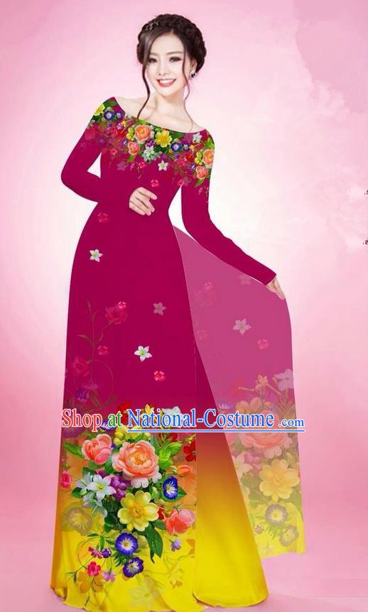 Traditional Top Grade Asian Vietnamese Ha Festival Printing Flowers Wine Red Ao Dai Dress, Vietnam National Jing Nationality Off Shoulder Cheongsam Costumes for Women