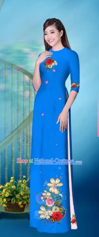 Traditional Top Grade Asian Vietnamese Ha Festival Printing Model Ao Dai Dress, Vietnam National Jing Nationality Princess Blue Cheongsam Costumes for Women