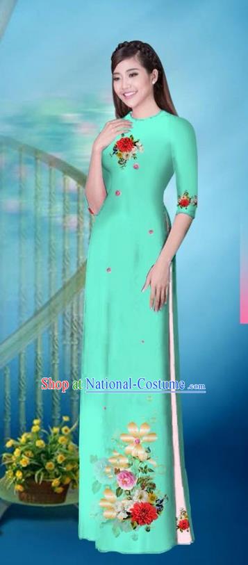 Traditional Top Grade Asian Vietnamese Ha Festival Printing Model Ao Dai Dress, Vietnam National Jing Nationality Princess Light Blue Cheongsam Costumes for Women