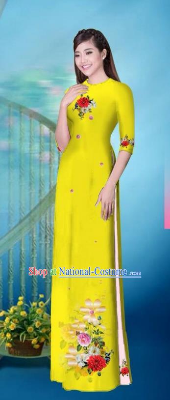 Traditional Top Grade Asian Vietnamese Ha Festival Printing Model Ao Dai Dress, Vietnam National Jing Nationality Princess Yellow Cheongsam Costumes for Women