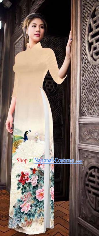 Traditional Top Grade Asian Vietnamese Ha Festival Printing Peony Khaki Ao Dai Dress, Vietnam National Jing Nationality Princess Cheongsam Costumes for Women