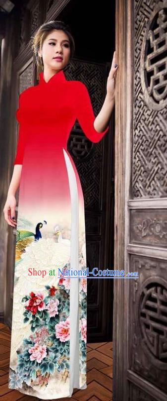 Traditional Top Grade Asian Vietnamese Ha Festival Printing Peony Red Ao Dai Dress, Vietnam National Jing Nationality Princess Cheongsam Costumes for Women