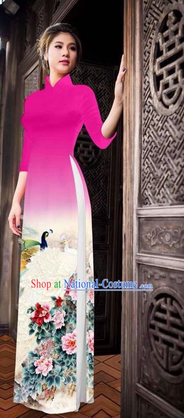 Traditional Top Grade Asian Vietnamese Ha Festival Printing Peony Pink Ao Dai Dress, Vietnam National Jing Nationality Princess Cheongsam Costumes for Women