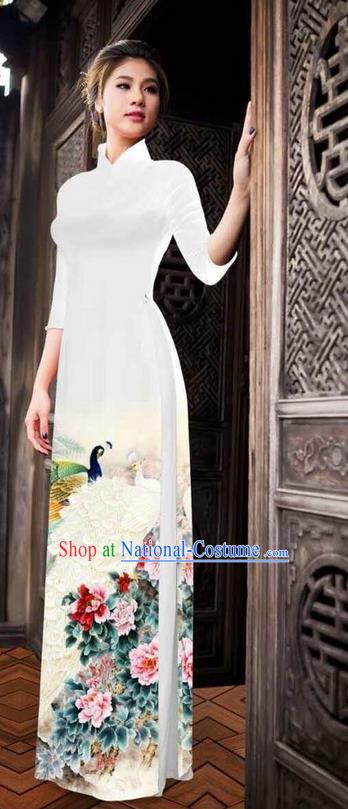 Traditional Top Grade Asian Vietnamese Ha Festival Printing Peony White Ao Dai Dress, Vietnam National Jing Nationality Princess Cheongsam Costumes for Women