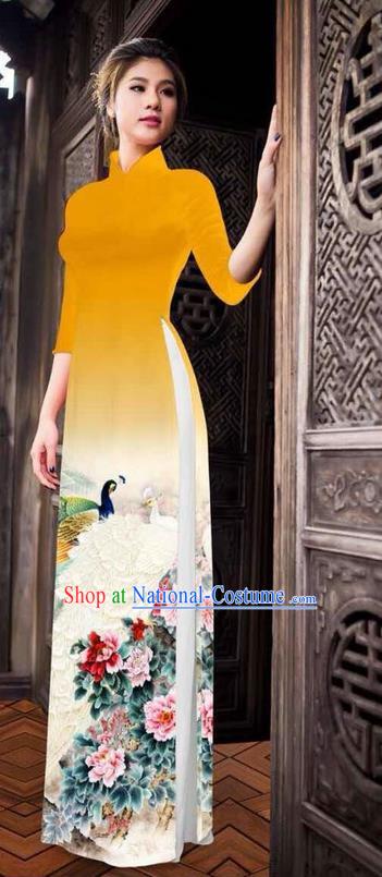 Traditional Top Grade Asian Vietnamese Ha Festival Printing Peony Ginger Ao Dai Dress, Vietnam National Jing Nationality Princess Cheongsam Costumes for Women