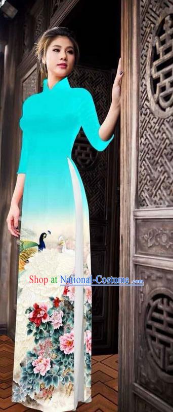 Traditional Top Grade Asian Vietnamese Ha Festival Printing Peony Light Blue Ao Dai Dress, Vietnam National Jing Nationality Princess Cheongsam Costumes for Women